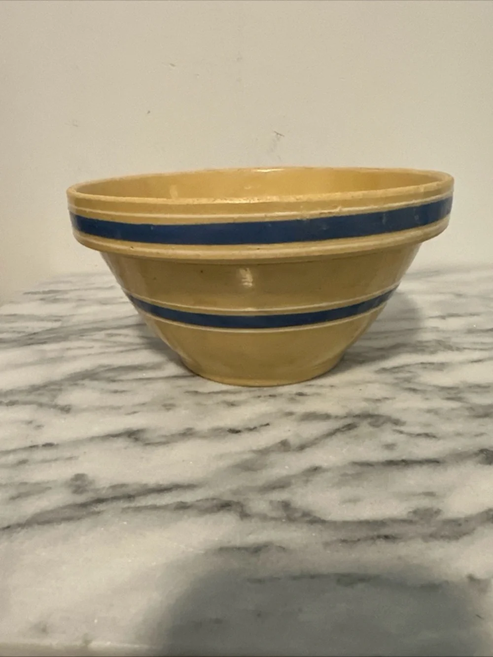 Antique Yellow ware Ceramic mixing Bowl  Blue & white Stripes with lid Rare